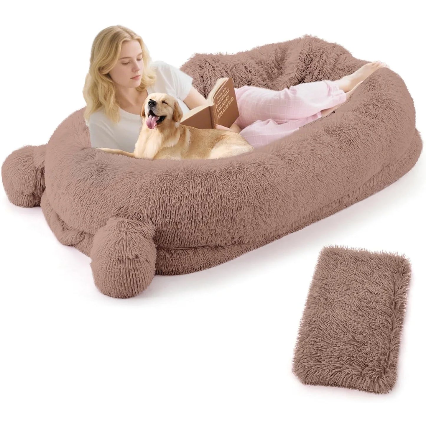 71" Large Human Size Dog Bed For Adults & Pets Removable Washable Cover Storage Pockets & Matching Blanket For Napping