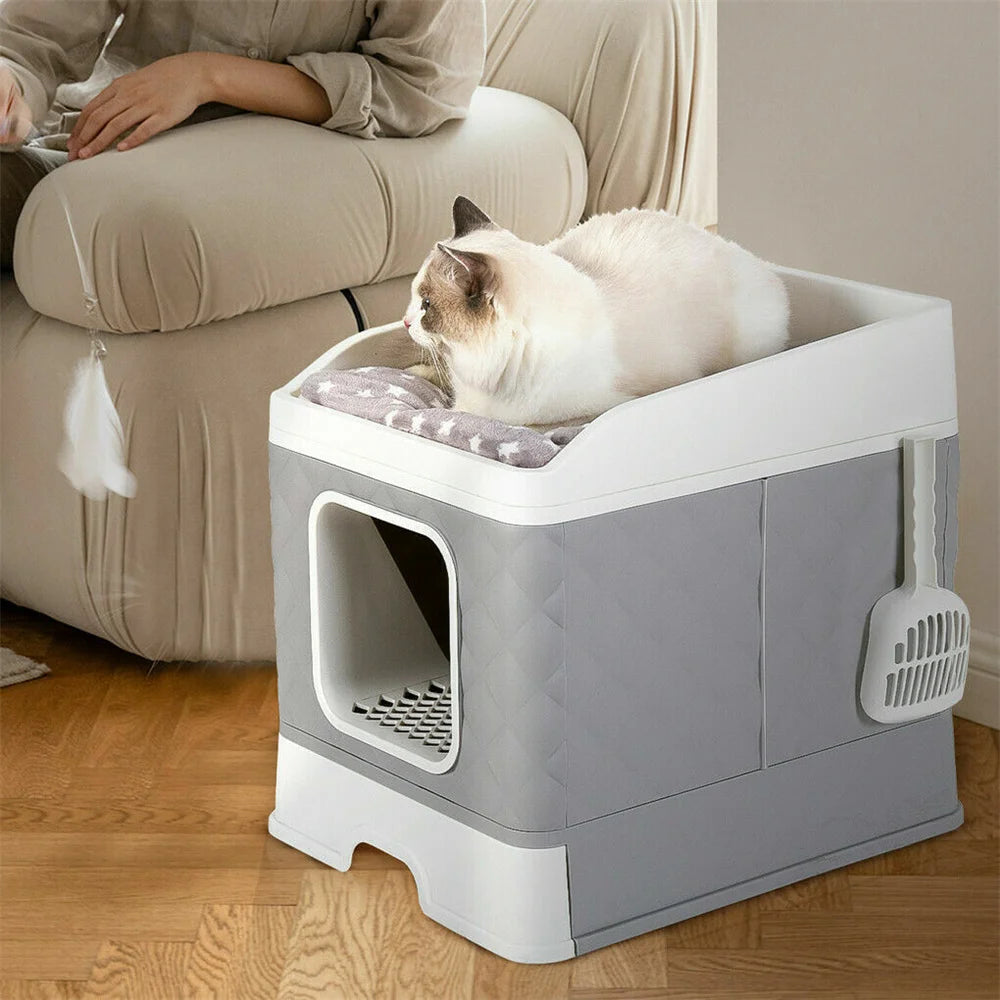 Large Cat Litter Box Enclosure Toilet Pet Hidden Cabinet House Cat Litter Tray Potty with Top Cushion Mat Bed and Litter Scoop