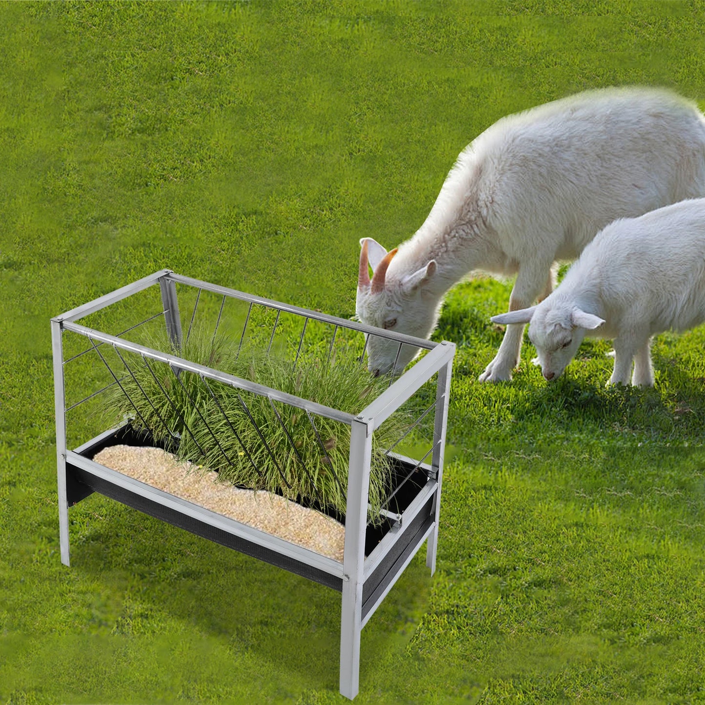 Livestock Feed Iron Trough,Silver+ Black Rectangular 2-in-1 Grain& Hay Feeder ,Floor Standing 100*65*85cm for Goats Sheep