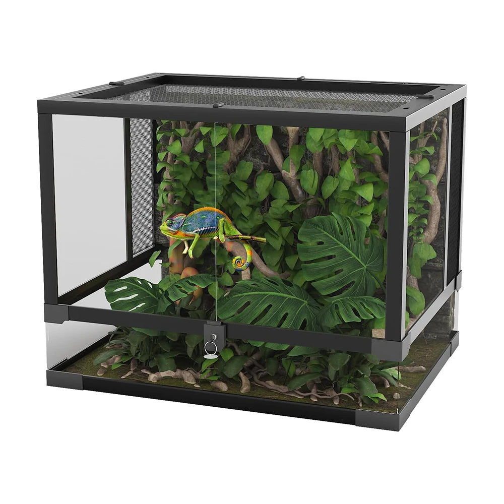 Reptile Glass Terrarium with Top & Side Screen Ventilation Reptile Terrarium, Double Hinge Door  Anti Escape Reptile Tank