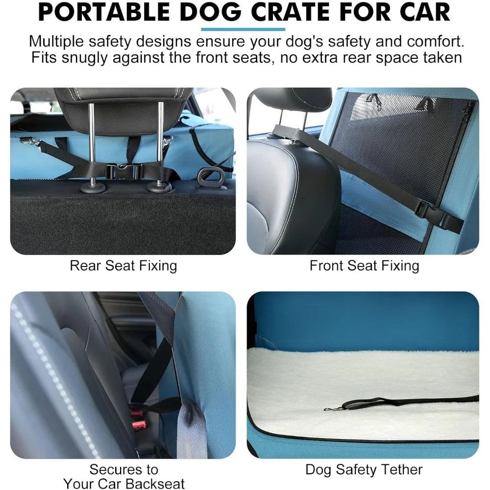 Portable Dog Crate for Car Travel, Metal Frame Pet Crate, Pet Carrier for Car Back Seat Secures with Headrest Strap