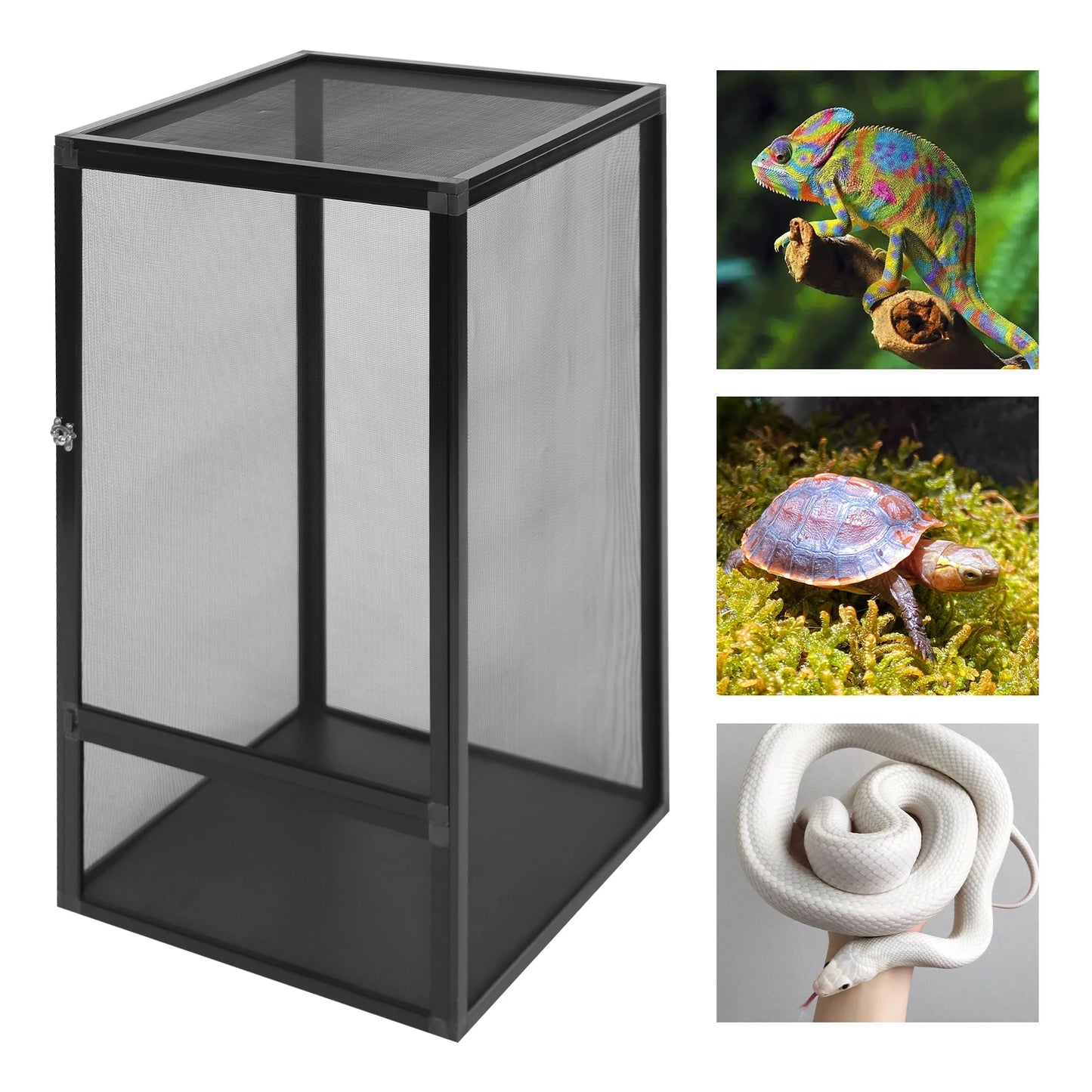 Reptile Feeding Aluminum Alloy Box,Black Rectangular Micro Habitat Terrarium Enclosure 45*45*80cm for Chameleons,Lizards