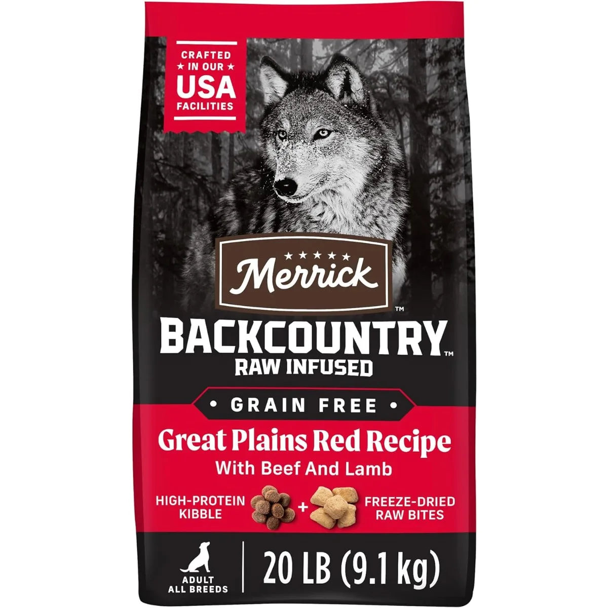 Merrick Backcountry Grain Free Dry Adult Dog Food Kibble With Freeze Dried Raw Pieces, Great Plains Red Recipe - 20.0 lb. Bag