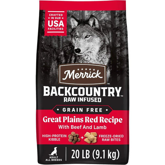 Merrick Backcountry Grain Free Dry Adult Dog Food Kibble With Freeze Dried Raw Pieces, Great Plains Red Recipe - 20.0 lb. Bag