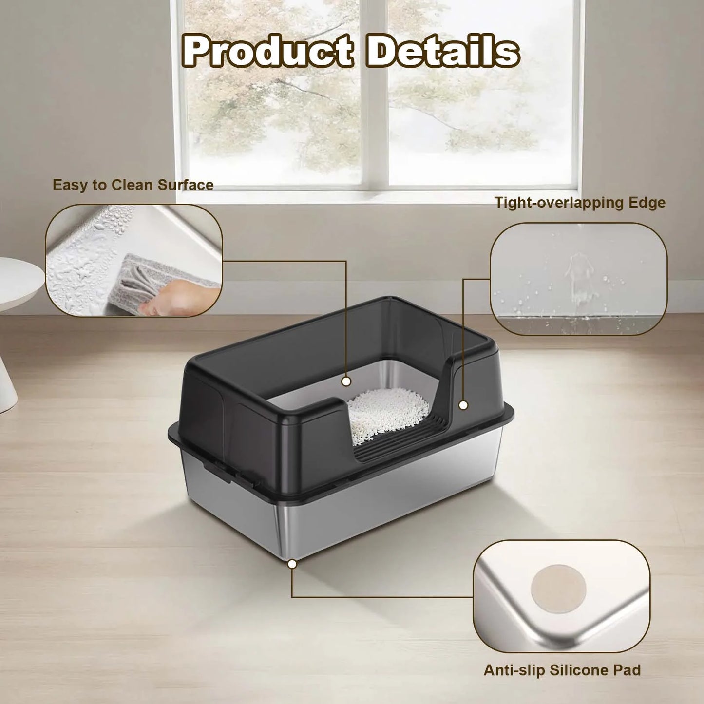 Stainless Steel Litter Box With Lid High Sided Litter Box Suitable For Middle and Small Cats Splash-Proof Cat Litter Box