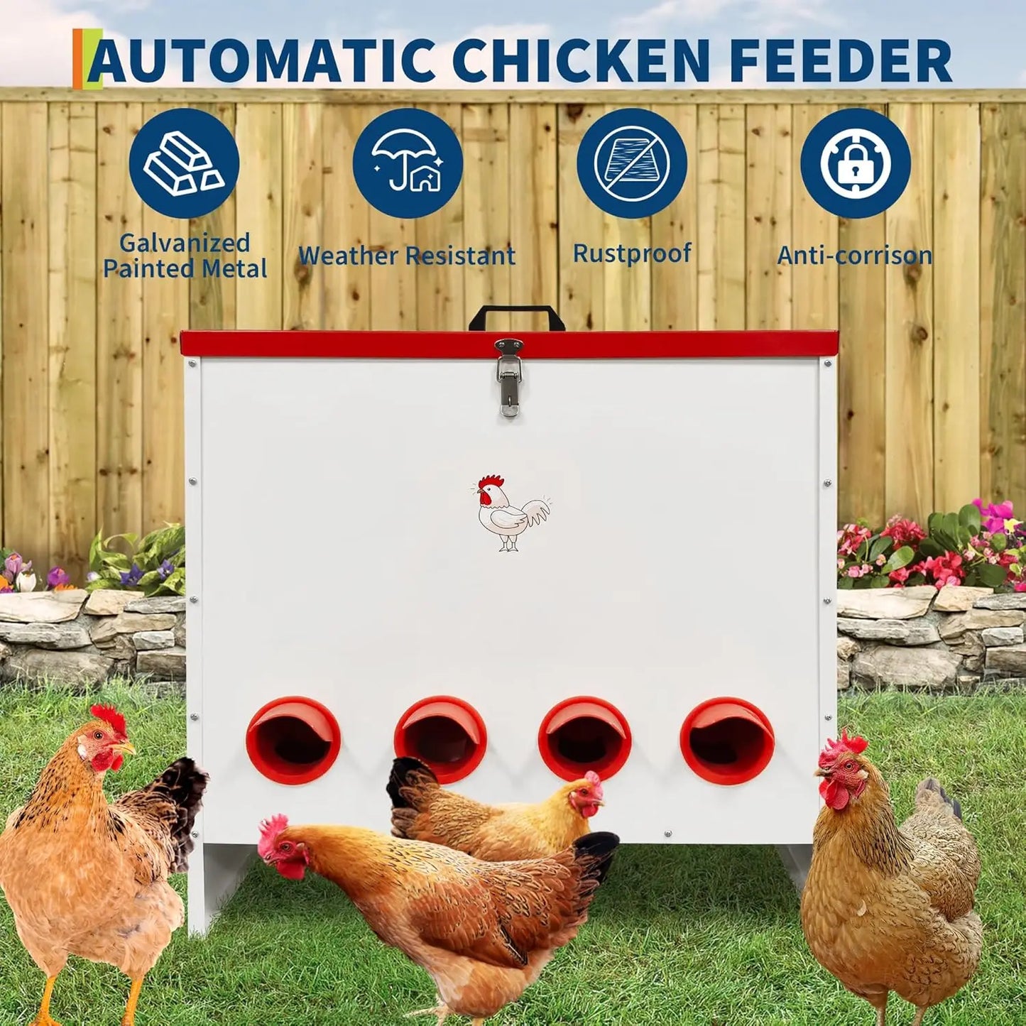 30lbs Automatic Chicken Feeder, Metal Poultry Feeder with 6-10 Port, Gravity Feed for Ducks & Poultry,Outdoor Farm & Backyard