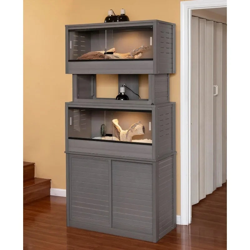 ECOFLEX Two Medium Reptile Enclosures with Matching Stacker and Cabinet Stand Set in Grey