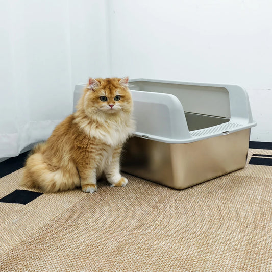 Large High-Sided Stainless Steel Cat Litter Box with Spoon for Small to Medium Sized Kittens Open Cats Litter Pan Easy Clean