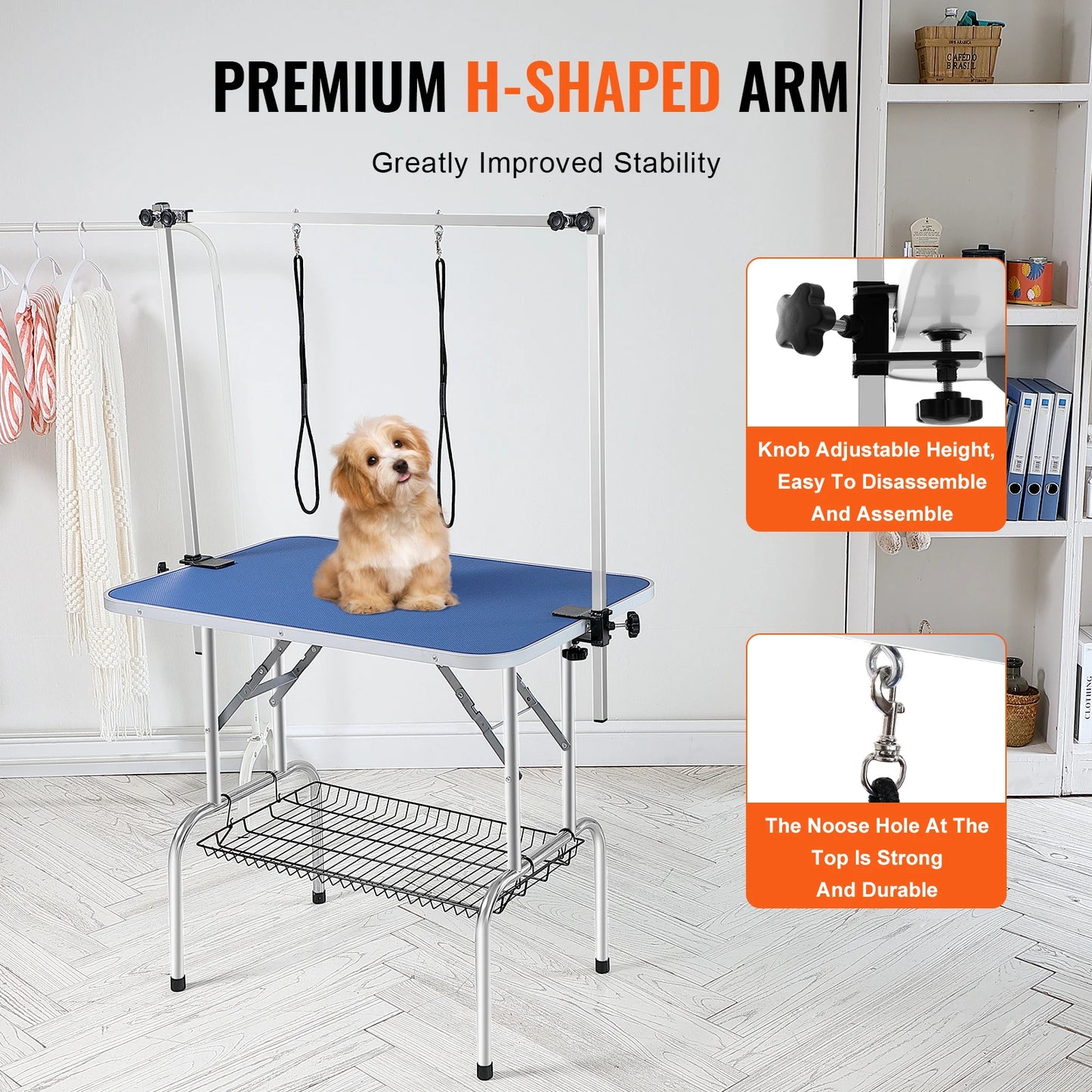SucceBuy Pet Grooming Table Two Arms with Clamp Dog Grooming Station Foldable Stand for Medium Small Dogs with Grooming Loop