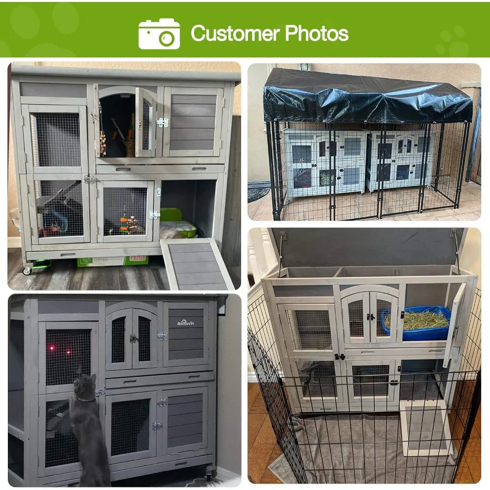 Rabbit Hutch Indoor Outdoor Bunny House Guinea Pig Cage on Wheel with Plastic Tray 47inch