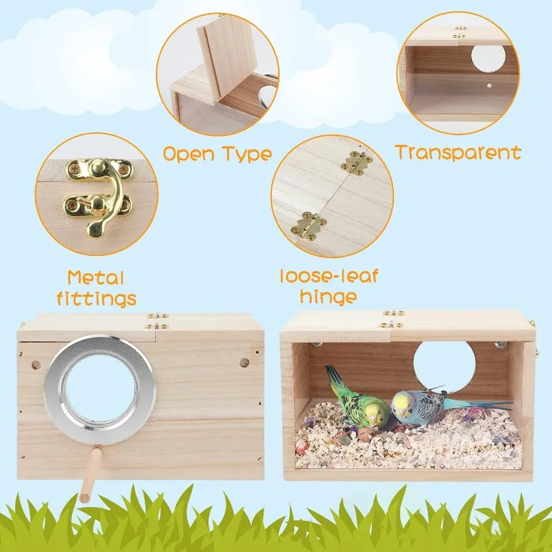 Parakeet Nesting Box - Transparent Design, Wooden Breeding House with Perch for Cockatiel, Lovebirds, Budgie, Finch, Parrotlets