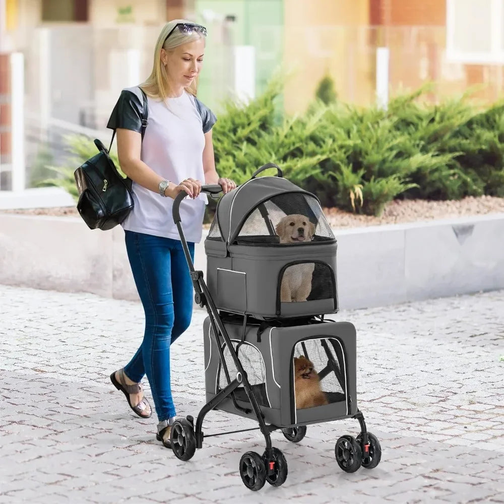 Double Dog Stroller, Removable Carrycot, Safety Belt, 4 Lockable Wheels, Pet Travel Carrycot Stroller, Foldable Cat Stroller