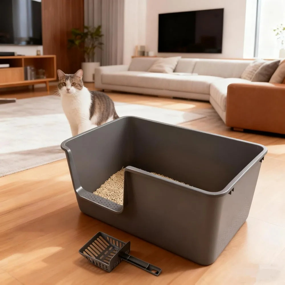 Large Anti-Splash Litter Box with High Sides for Cats, Open Top Design, Spacious Grey Pet Litter Tray with Large Capacity