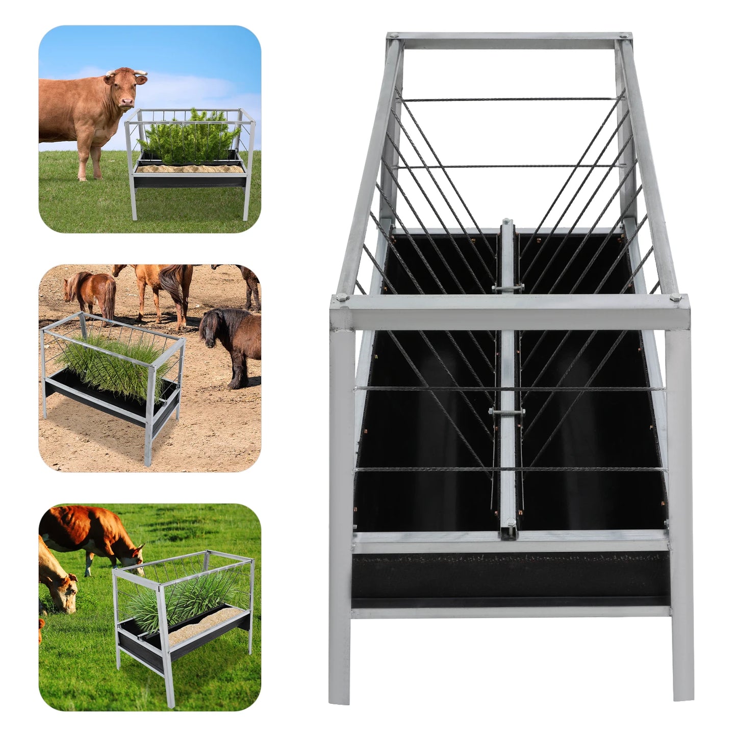 Livestock Feed Iron Trough,Silver+ Black Rectangular 2-in-1 Grain& Hay Feeder ,Floor Standing 100*65*85cm for Goats Sheep
