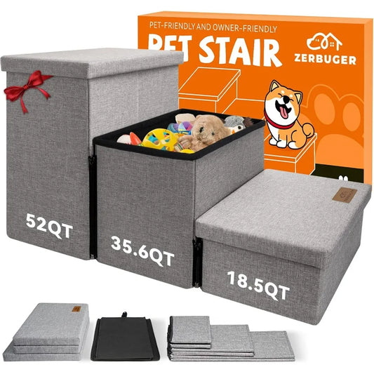 Wider Dog Stairs with Storage 18 H 3Step Sturdy Dog Steps for Large Medium Small Older Dogs Cats Folding Pet Stairs Climbing Be