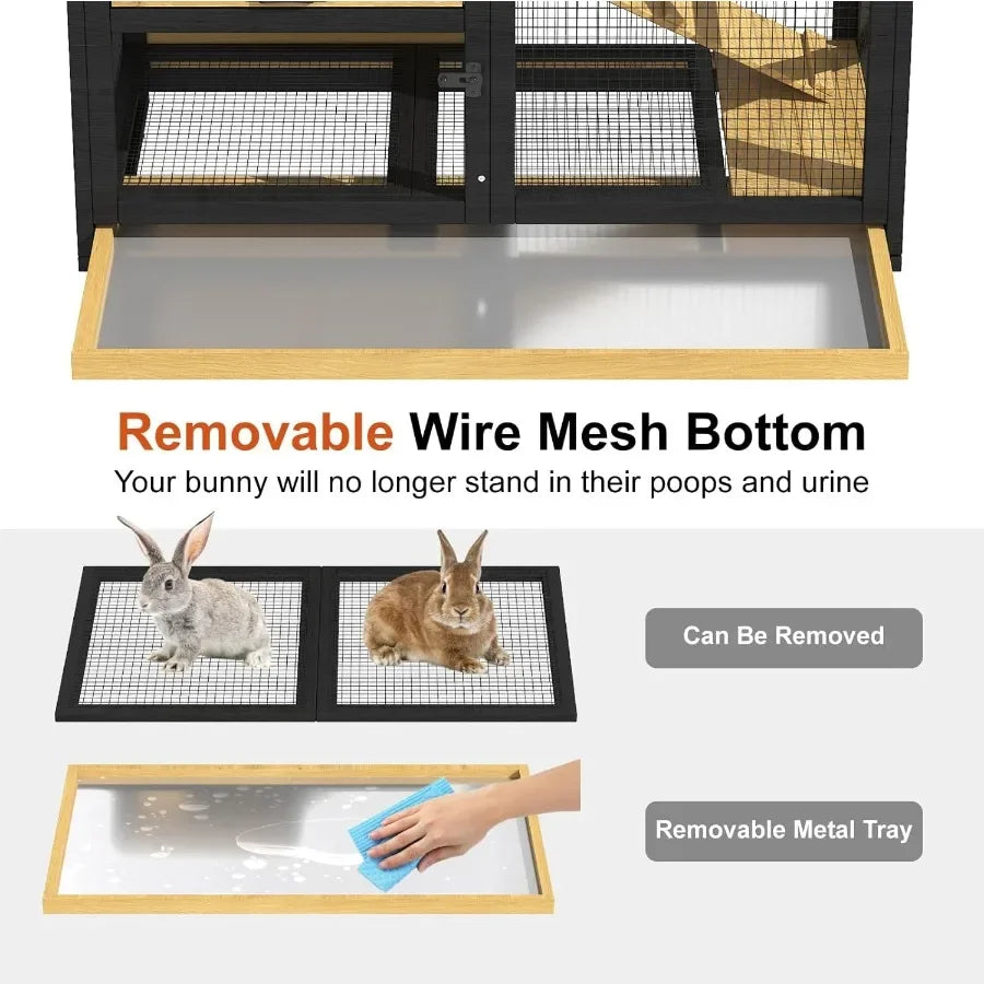 40'' Rabbit Cage for Indoor and Outdoor Use 2Story Wooden Hutch with Wheels and Two Deep LeakProof Trays Waterproof Openable Ro