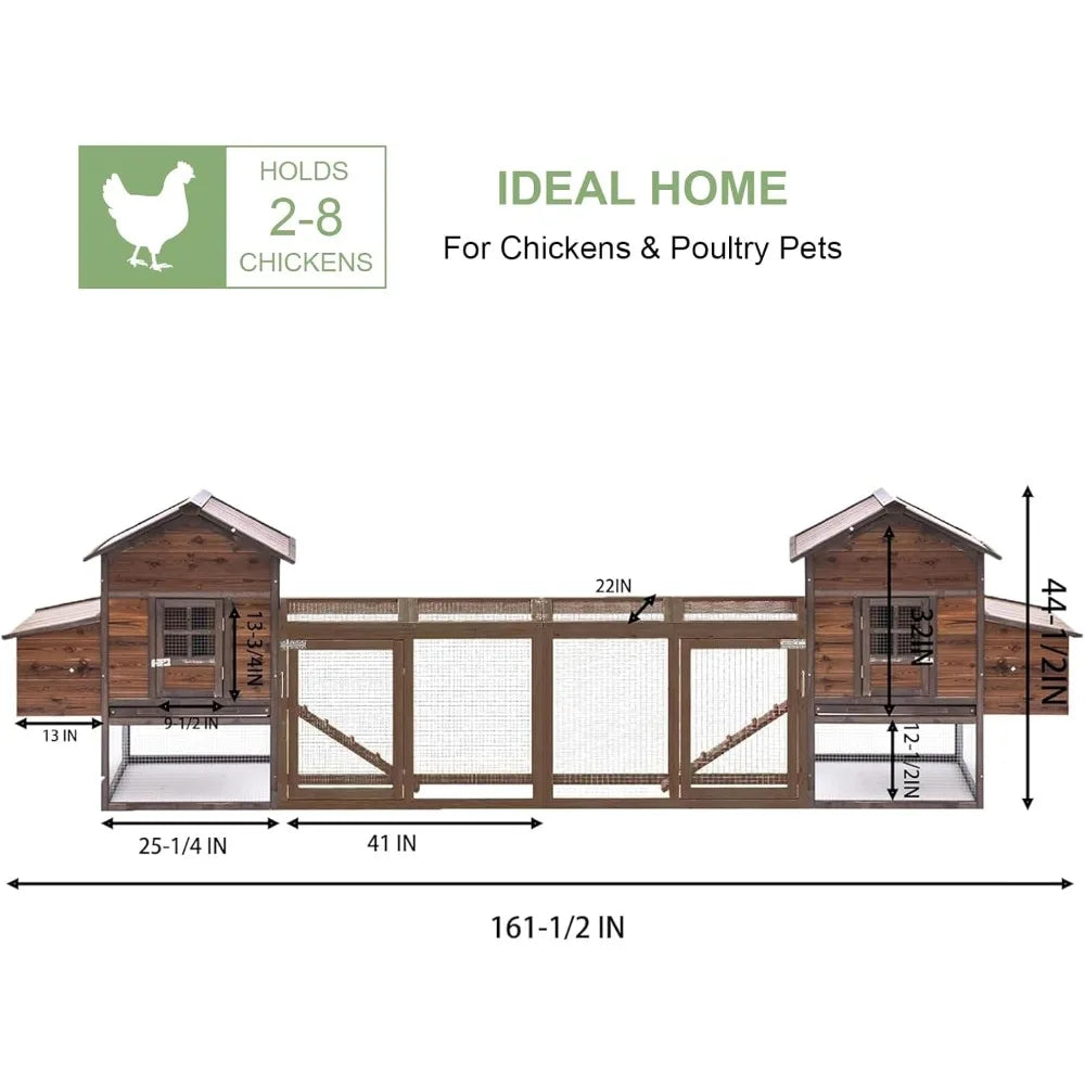 Large Wooden Chicken Coop, 160IN Outdoor Chicken Cages and Run with Nesting Boxes for 2-8 Chickens, Hen Run Poultry Pet