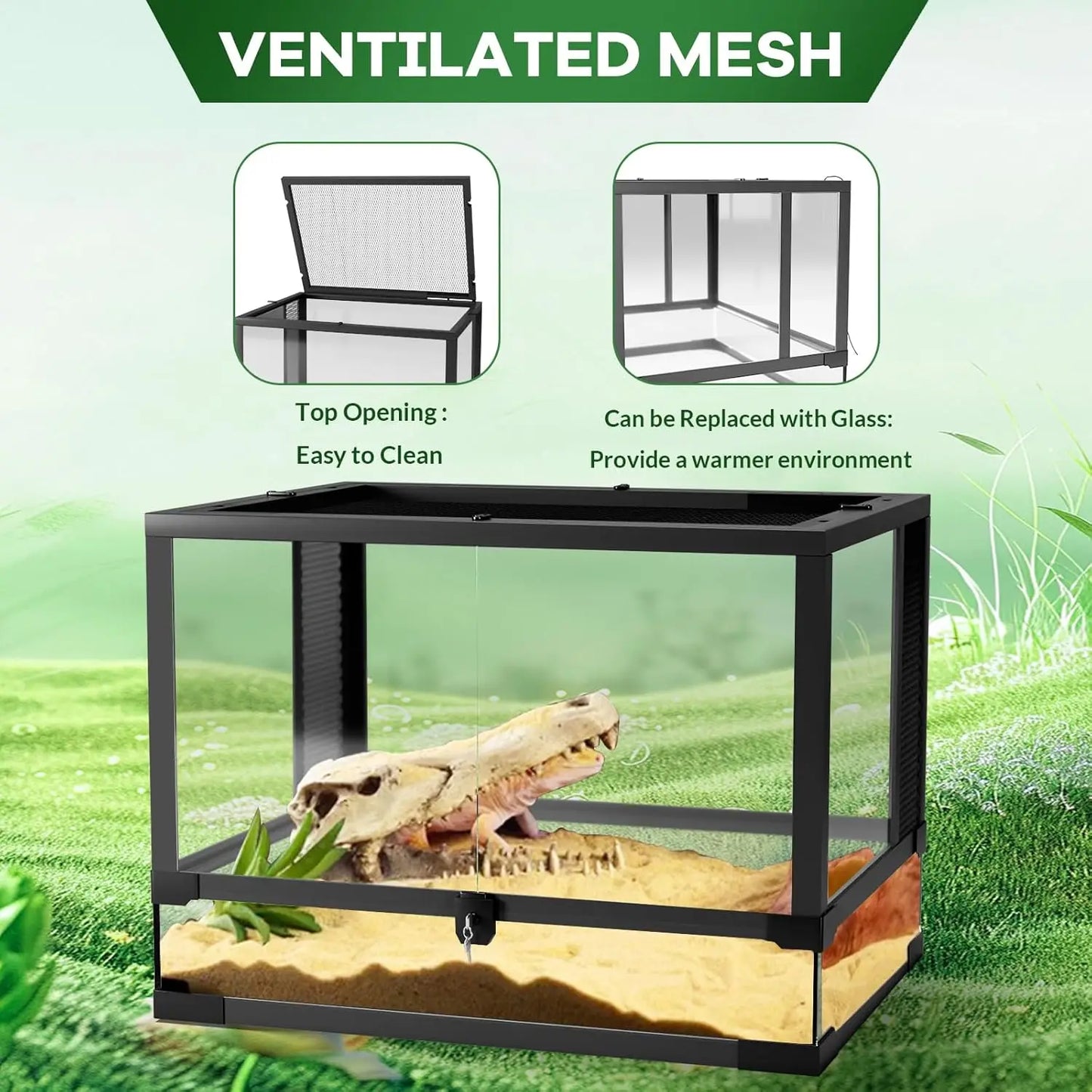 Reptile Glass Terrarium with Top & Side Screen Ventilation Reptile Terrarium, Double Hinge Door  Anti Escape Reptile Tank