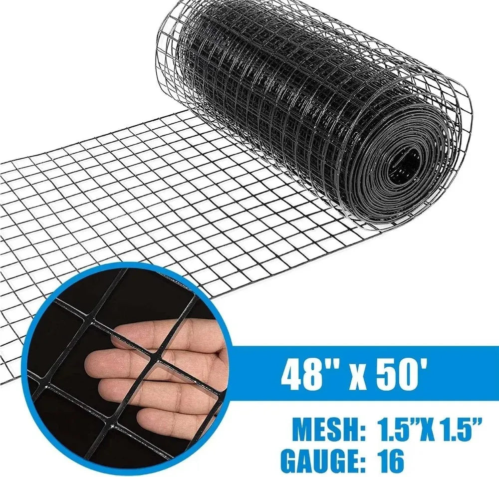 1.5-Inch Black Vinyl Coated Welded Wire Mesh, 16 Gauge for Home and Garden Fencing, Animal Protection