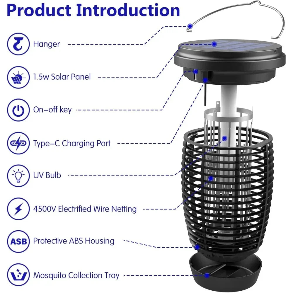 Solar Bug Zapper 2-in-1 Mosquito Killer Lamp Indoor 4500V Fly Zapper Outdoor Solar Powered with Rechargeable Insect Fly Trap