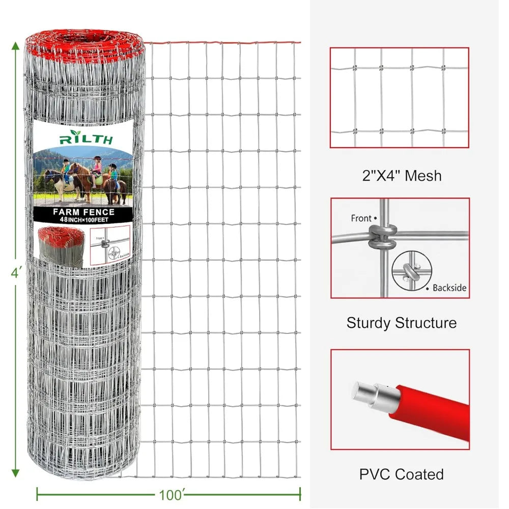 Heavy Duty 4x100ft Horse Fence with 2x4 Inch Mesh for Rust-Resistant Livestock Farming, Pasture, Garden, and Animal Enclosures
