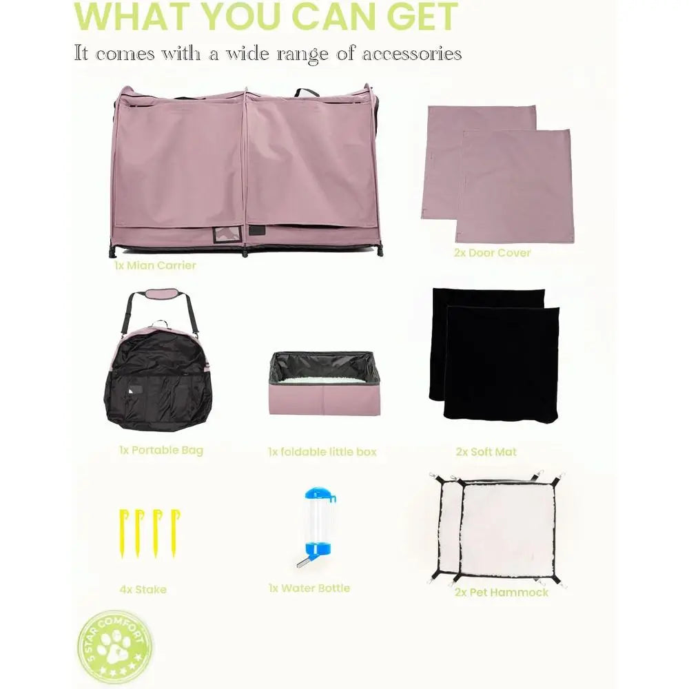 Twin Compartment Show House Cat Cage Condo,Comfy Puppy Home Dog Travel Crate with Carry Bag/2Hammocks/Mats&Collapsible Litter