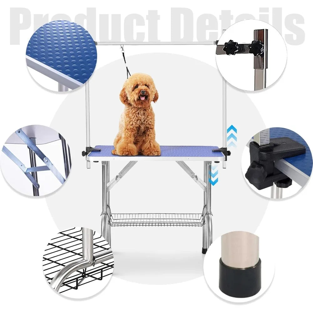 Adjustable Pet Grooming Table Heavy Duty with Arm Noose & Mesh Tray for Dog Cat Shower Table Maximum Capacity