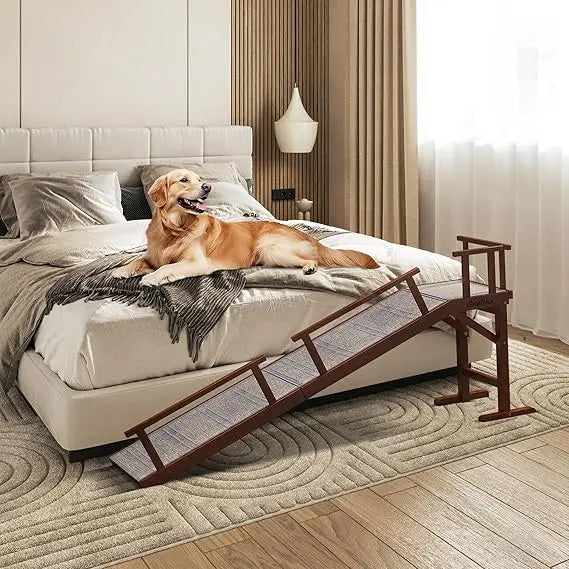 Wooden Dog Ramp for Bed with Removable Side Rail and Non-Slip Carpet, Stable Pet Ramp Stair for Couch Sofa for Small & Large & S