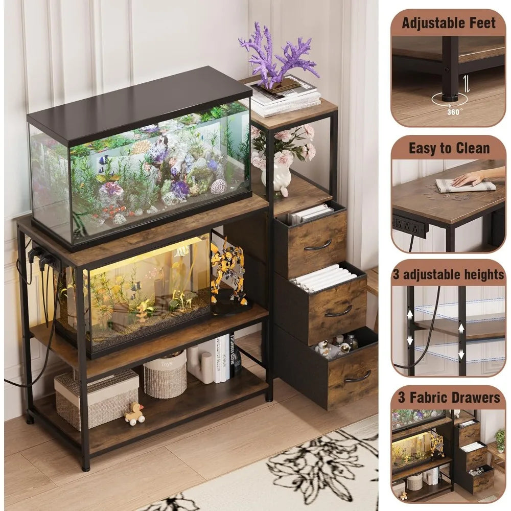 20 Gallon Aquarium Stand with Power Outlets, Fish Tank Stand with 3 Drawers, Metal Frame, Heavy Duty, Reptile Tank Stand with 3-