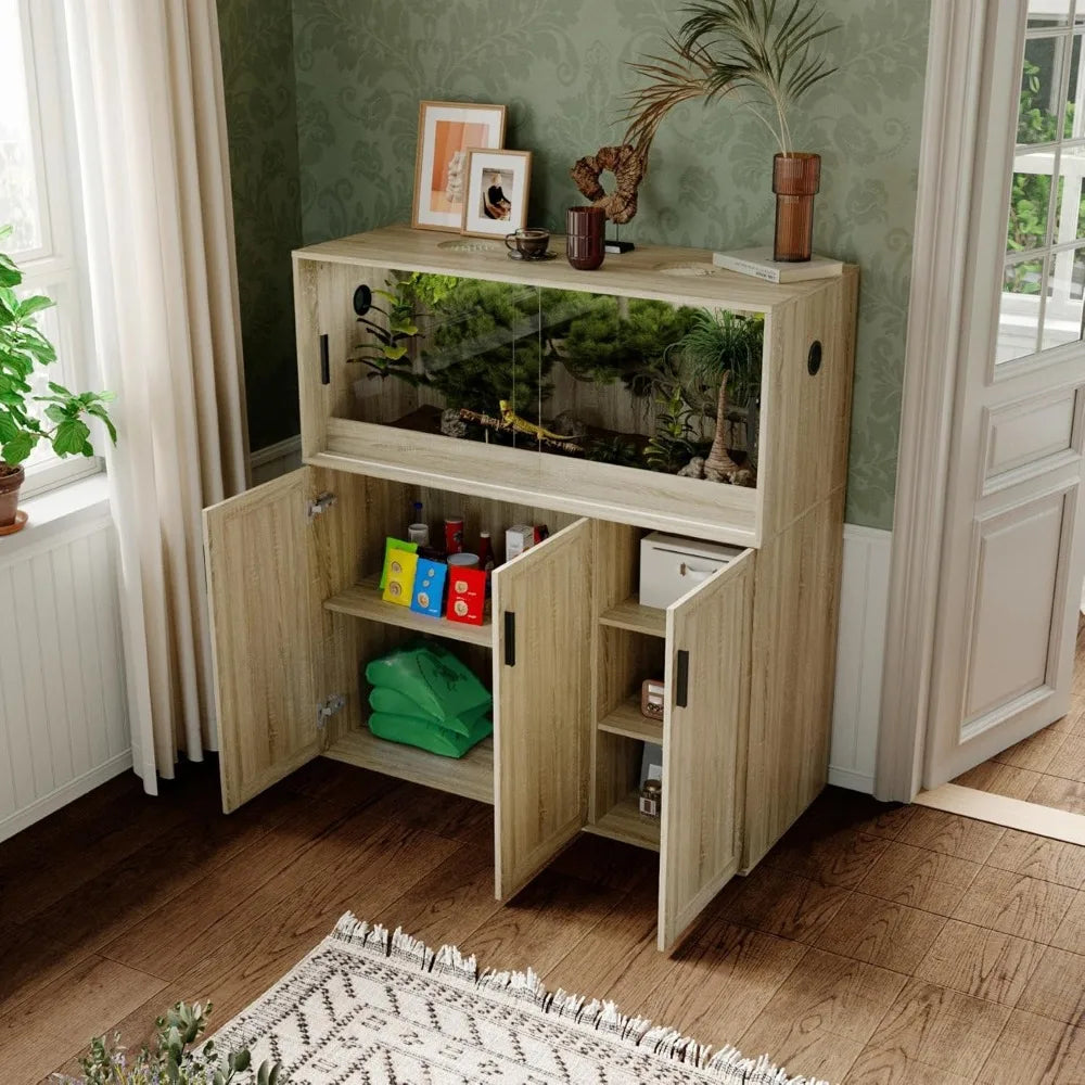 Terrarium Stand, Bearded Dragon Cage, Reptile Tank Stand Enclosure, Terrarium Table with Tempered Glass, Ventilation Holes and 2