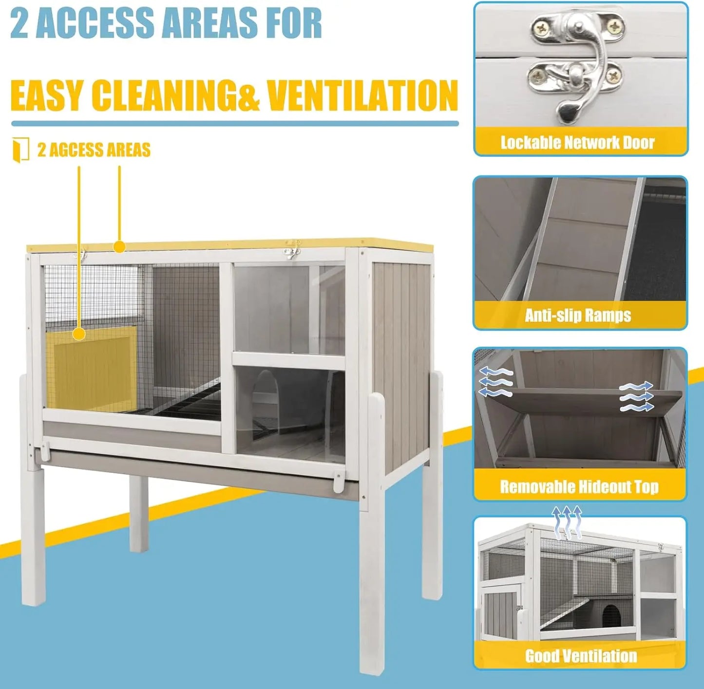 Guinea Pig Cages Indoor, Wooden Guinea Pig Cages with Stand, Rabbit Cage Hutch with Ramp and Hideout, Small Animals Cage Habitat