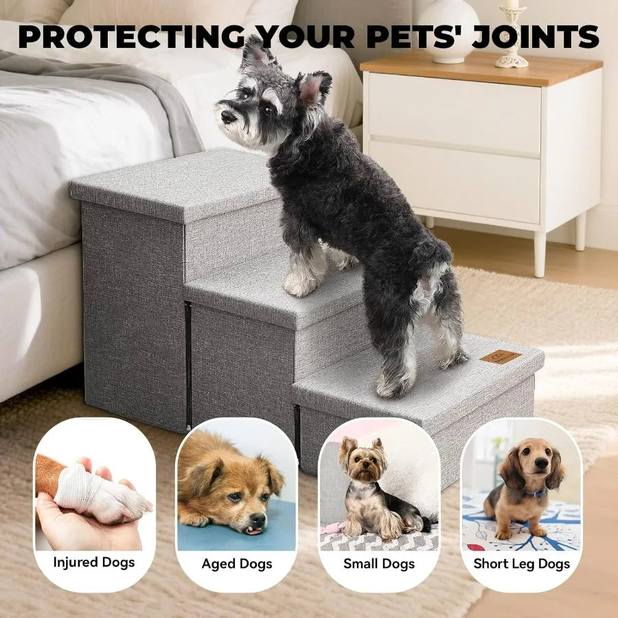 Wider Dog Stairs with Storage 18 H 3Step Sturdy Dog Steps for Large Medium Small Older Dogs Cats Folding Pet Stairs Climbing Be