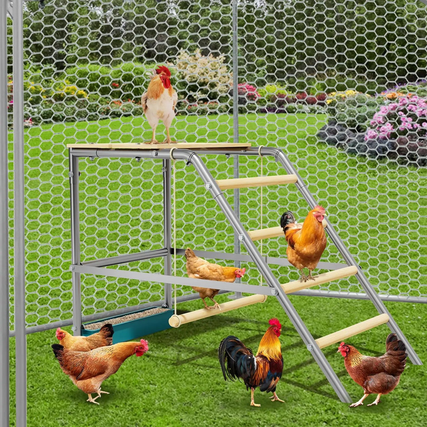 Multi-Tier Chicken Roost Galvanized Steel Perch With Wooden Rungs Durable Poultry Ladder For Hens Indoor Outdoor Coop Accessory