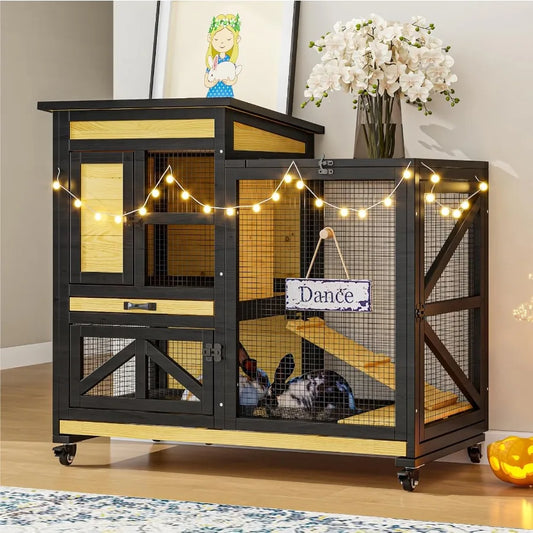 40'' Rabbit Cage for Indoor and Outdoor Use 2Story Wooden Hutch with Wheels and Two Deep LeakProof Trays Waterproof Openable Ro