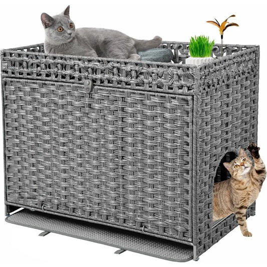 Hidden Litter Box Furniture for Large Cats: Handwoven Rattan Pet House with Door