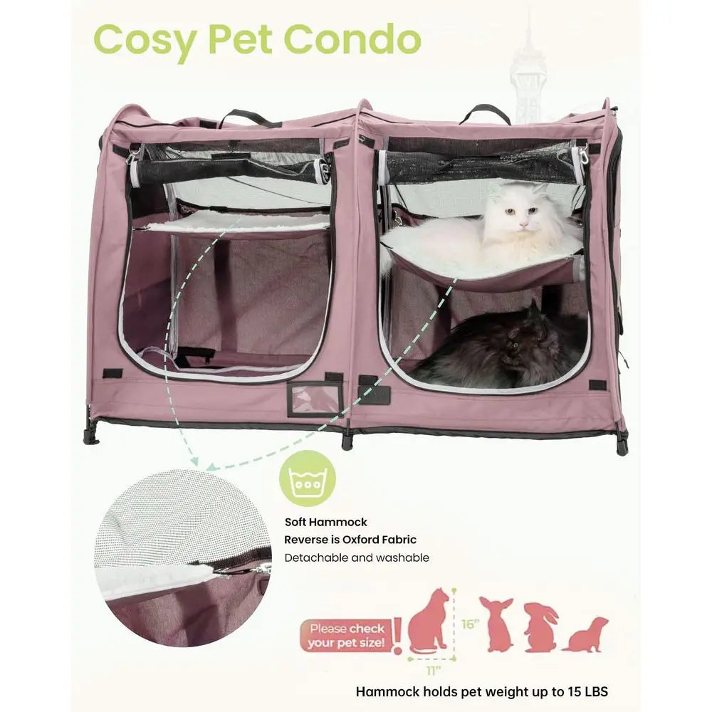 Twin Compartment Show House Cat Cage Condo,Comfy Puppy Home Dog Travel Crate with Carry Bag/2Hammocks/Mats&Collapsible Litter