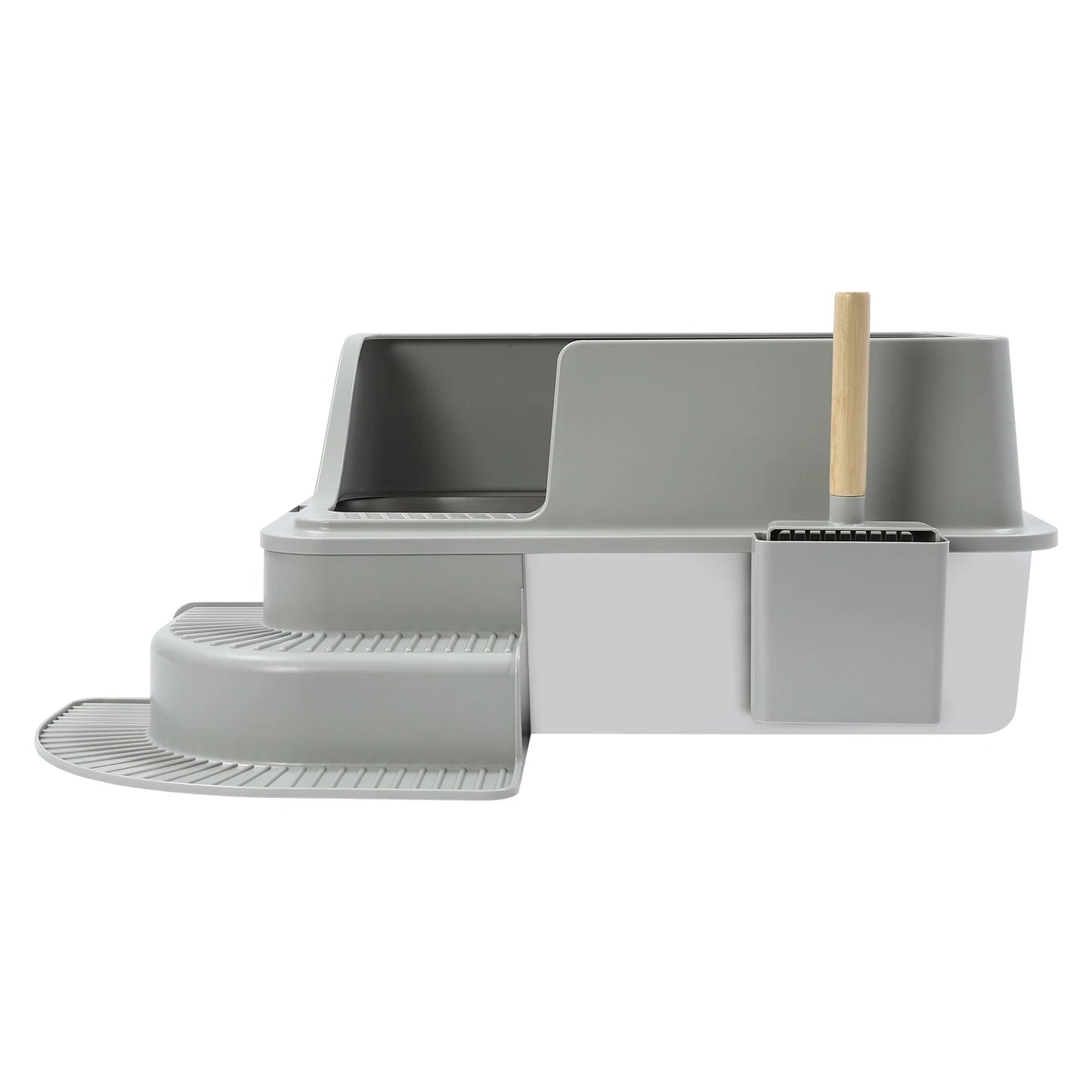 Light Grey Cat Litter Box—Stainless Steel/ABS 18.16Qt Capacity+High Sides 2-Step Stair+Litter Leak Pedal Fits Cats Up To22.05lbs