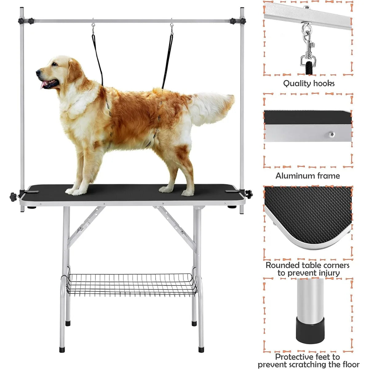 Heavy Duty 46 Inch Dog Grooming Table, 265Lb Capacity Adjustable Height Drying Table, Non-Slip Portable with Arm & Noose