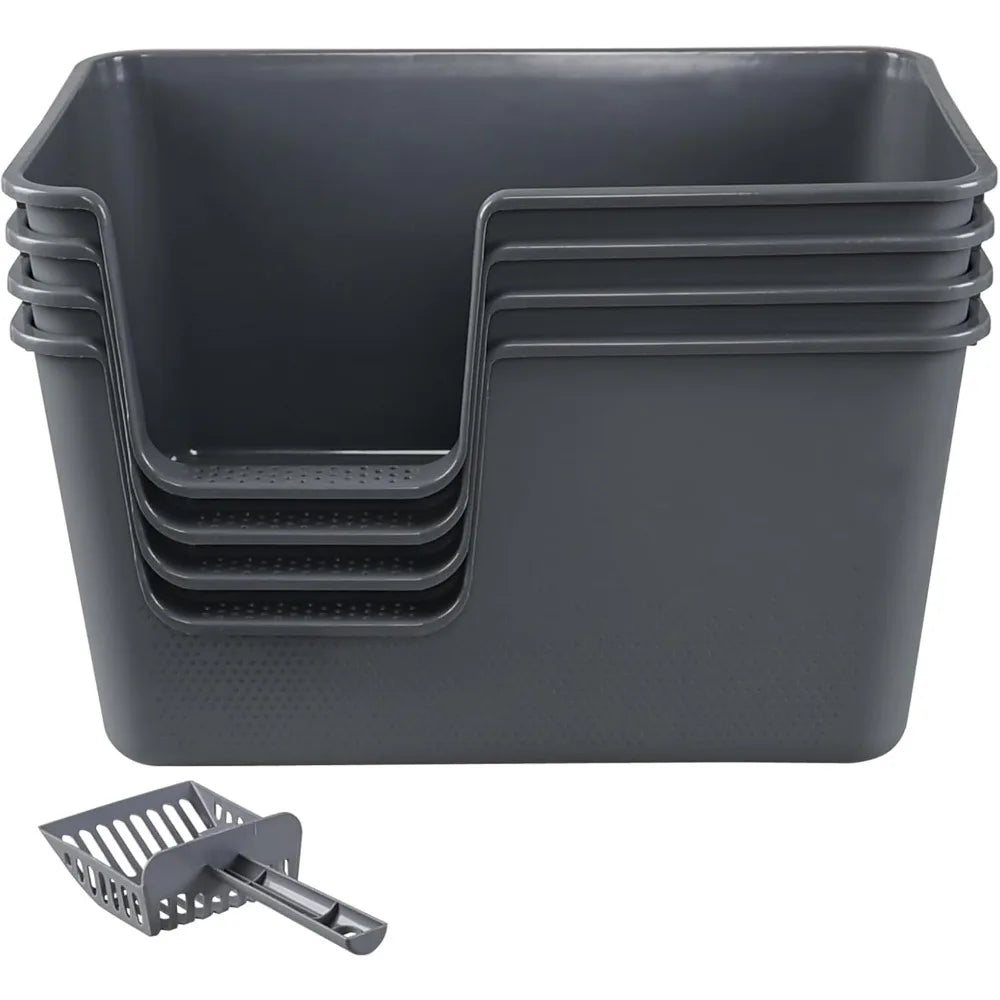 Large Anti-Splash Litter Box with High Sides for Cats, Open Top Design, Spacious Grey Pet Litter Tray with Large Capacity