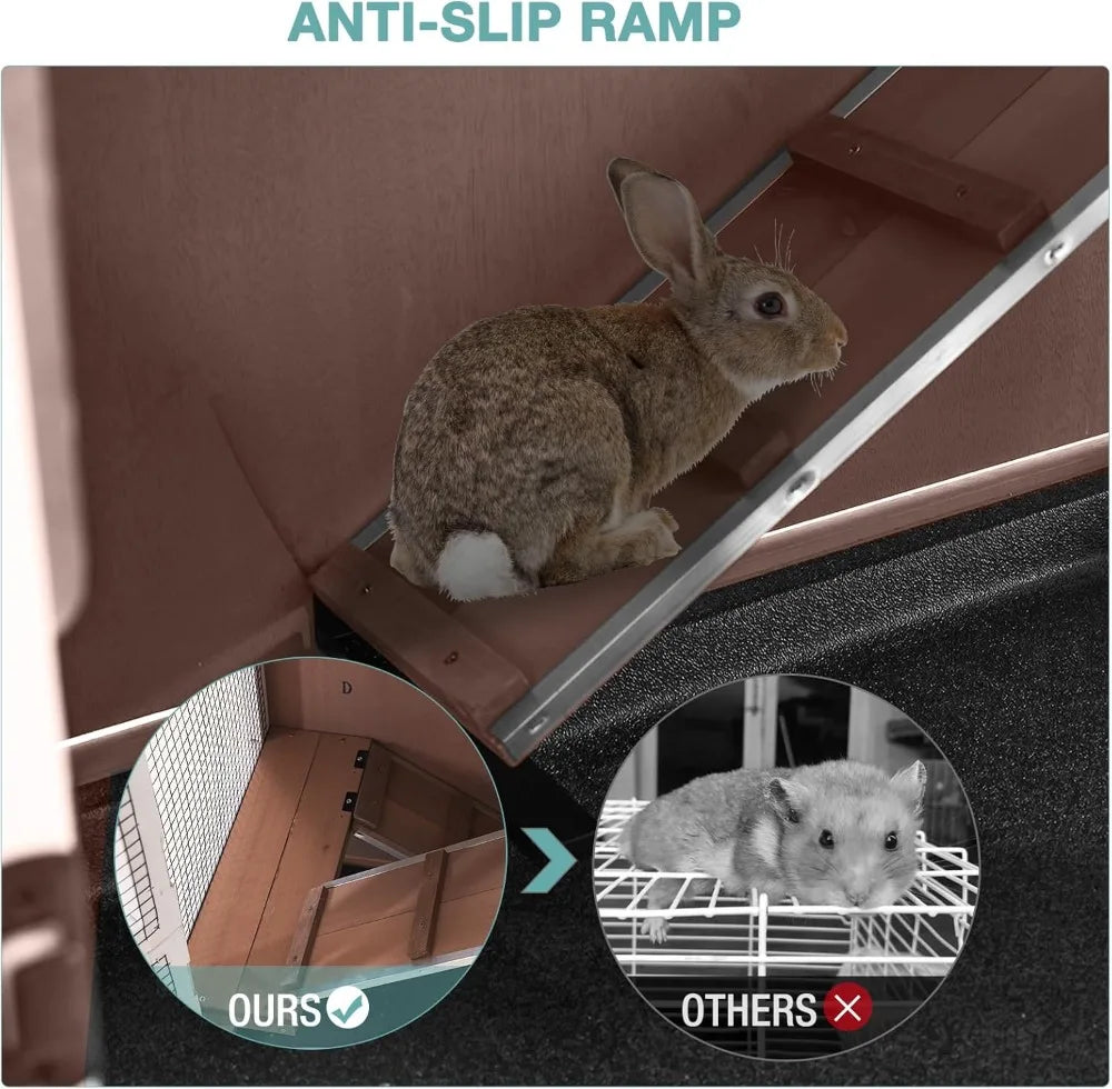 Rabbit Hutch Indoor Bunny House Guinea Pig Cage with Sliding Plastic Trays, Wheels & Ramp, Multi-Door Wooden Small Animal Cage