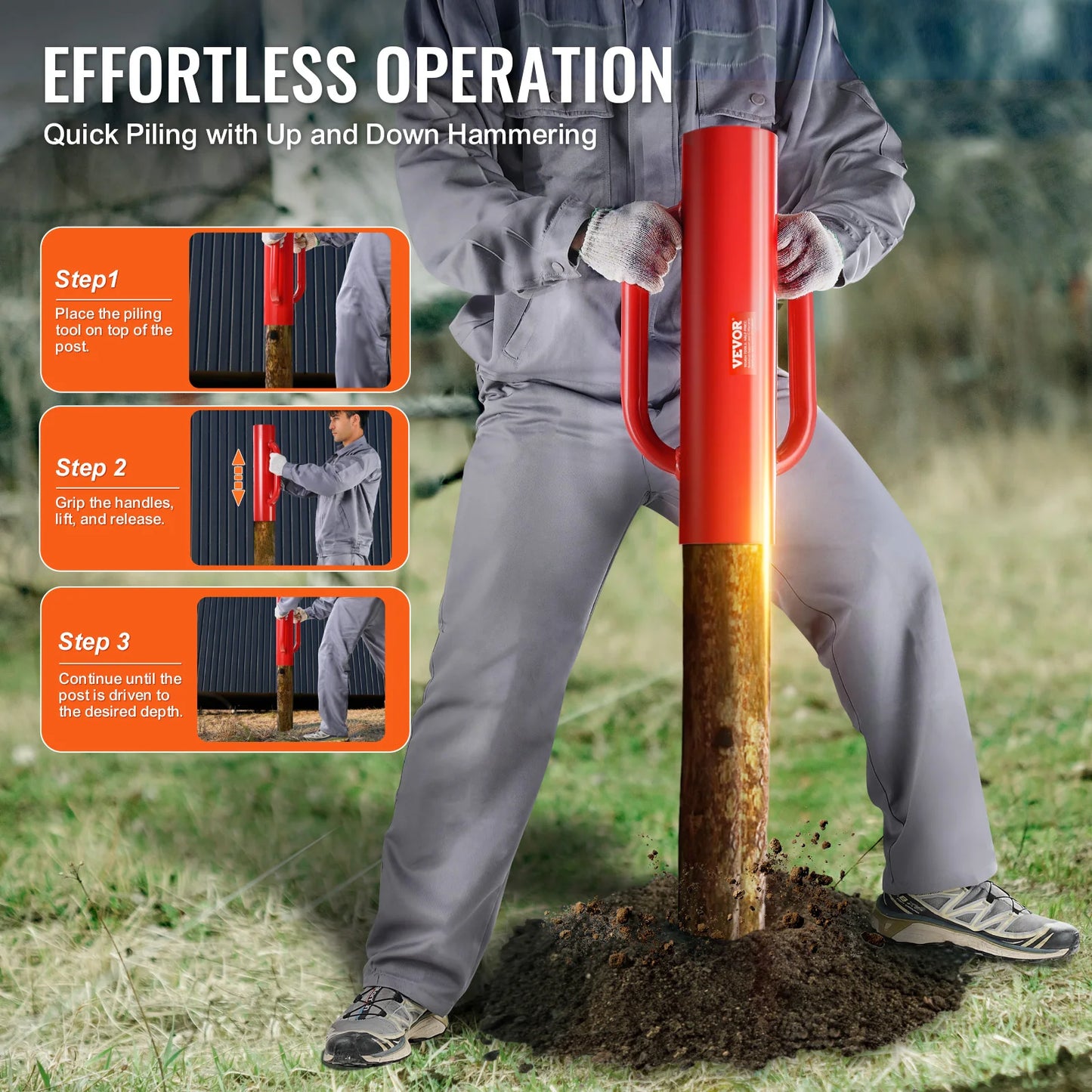 SucceBuy Fence Post Driver with Handle Pole Pounder Heavy Duty Carbon Steel Hand Post Rammer Fencing Hole Digger for Channel