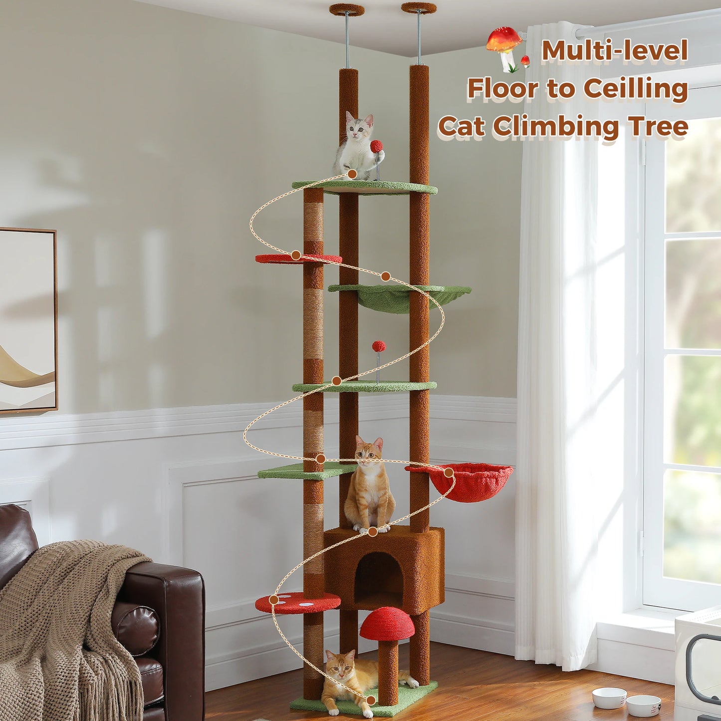 Cat Tree Floor to Ceiling Cat Tower Adjustable Height with Cat Condo Cozy Hammock and Scratching Post Tall Activity Tree Borwn