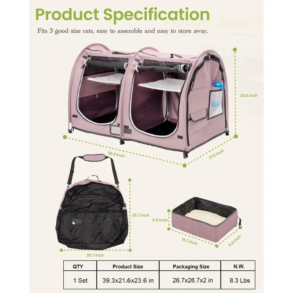 Twin Compartment Show House Cat Cage Condo,Comfy Puppy Home Dog Travel Crate with Carry Bag/2Hammocks/Mats&Collapsible Litter