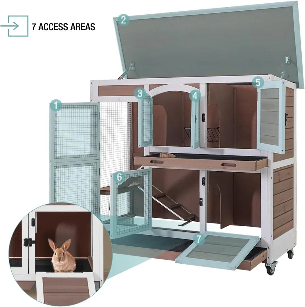 Rabbit Hutch Indoor Bunny House Guinea Pig Cage with Sliding Plastic Trays, Wheels & Ramp, Multi-Door Wooden Small Animal Cage