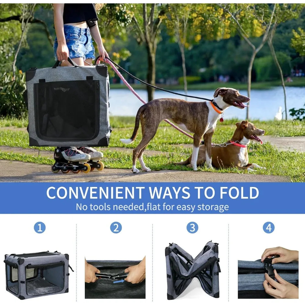 Soft Collapsible Dog Crate - 24 Inch Portable Soft Sided Travel Dog Crates for Small Dogs, 4-Door Foldable Dog Carrier, Pe