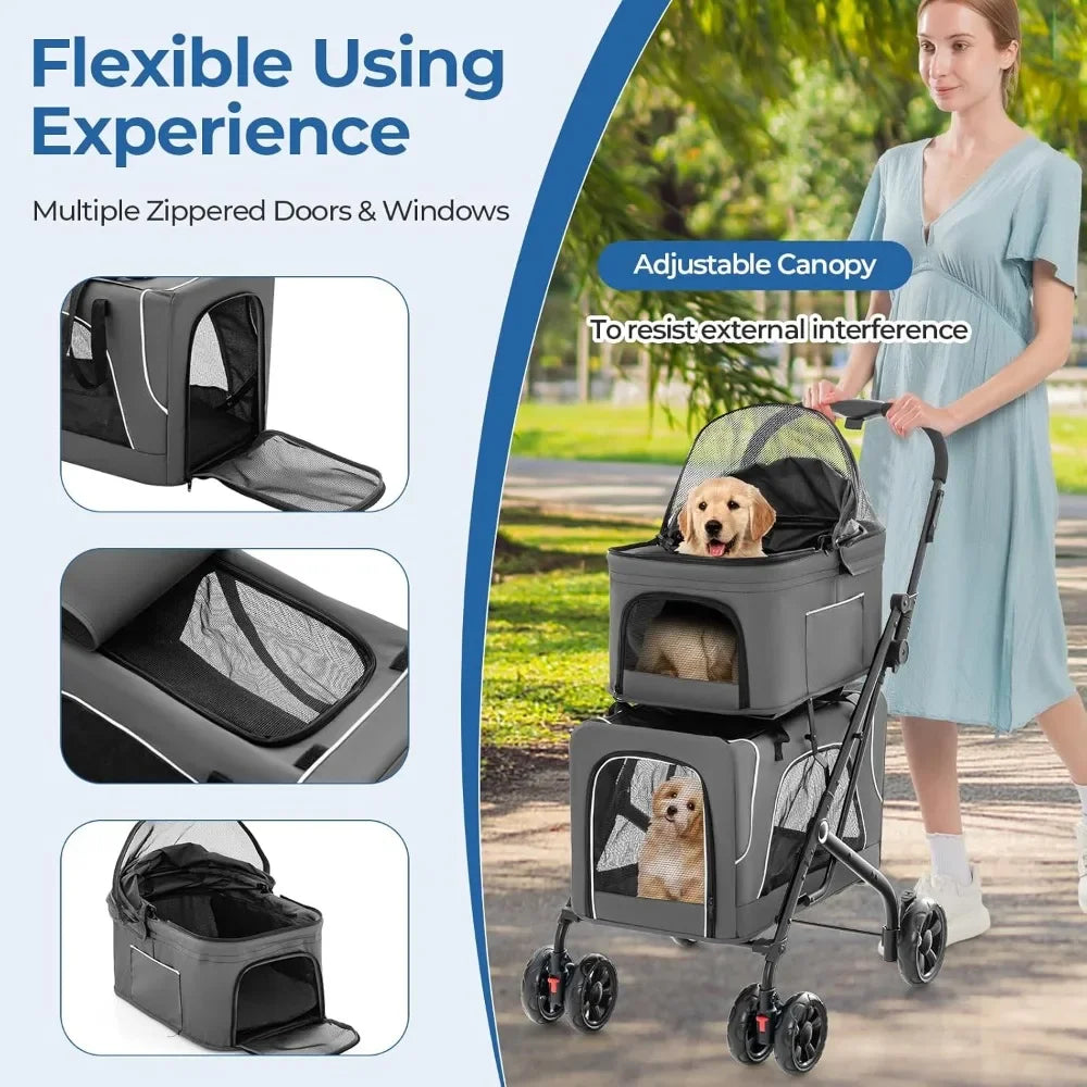 Double Dog Stroller, Removable Carrycot, Safety Belt, 4 Lockable Wheels, Pet Travel Carrycot Stroller, Foldable Cat Stroller