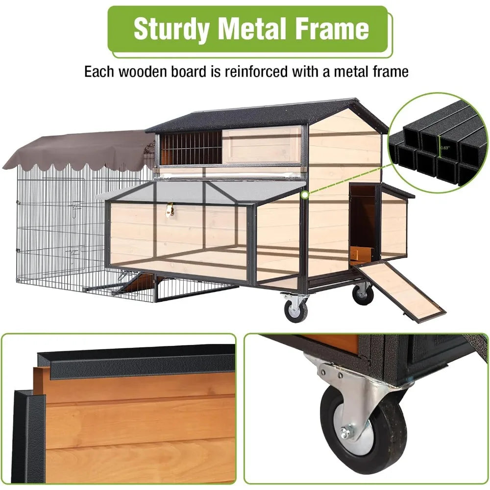 Mobile Chicken Coop with All-Around Metal Frame, 76.7 Large Chicken Coops with Super Large Wheels, Outdoor Poultry Coop