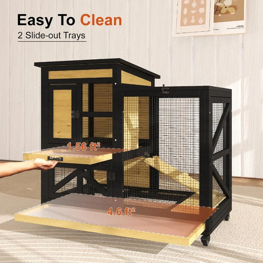 40'' Rabbit Cage for Indoor and Outdoor Use 2Story Wooden Hutch with Wheels and Two Deep LeakProof Trays Waterproof Openable Ro