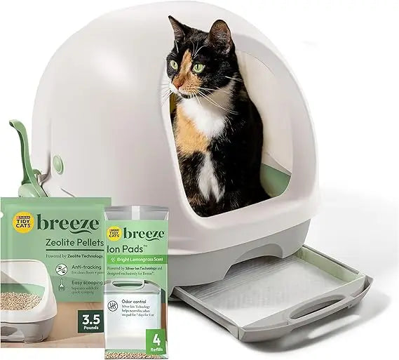 Tidy Cats Hooded Litter Box System, BREEZE Hooded System Starter Kit Litter Box, Litter Pellets & Pads