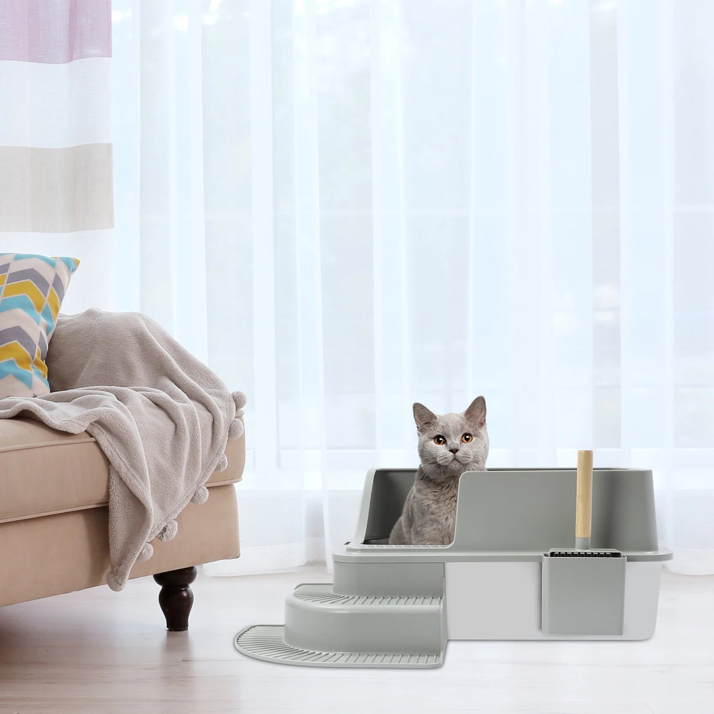 Light Grey Cat Litter Box—Stainless Steel/ABS 18.16Qt Capacity+High Sides 2-Step Stair+Litter Leak Pedal Fits Cats Up To22.05lbs